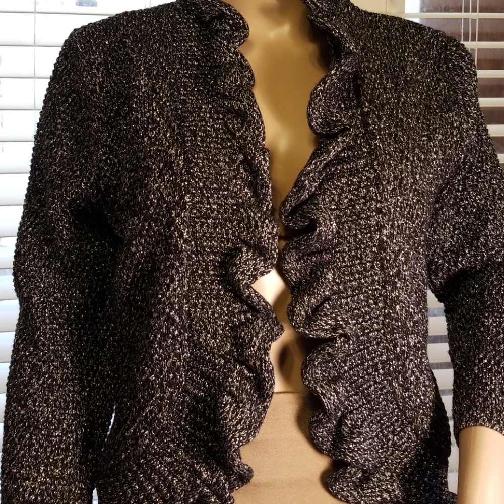 Ruby Rd. Shimmery Silver & Black Ruffled Sweater - Picture 2 of 8